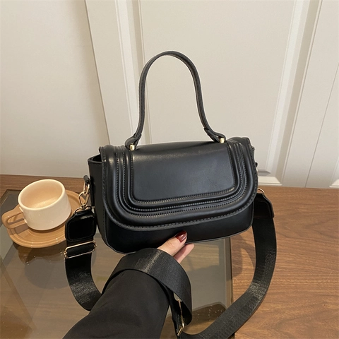 Bolso de Mano de Cuero PU para Mujer Color Sólido a la Moda Bolso de Silla de Montar de Gama Alta Con Correa de Hombro Ancha Detalle de Costuras Bolso Bandolera Diario