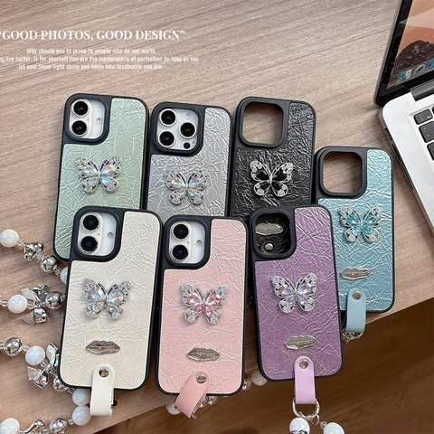 Rhinestone Butterfly iPhone Case Pleated PU Leather Protective Cover With Beaded Artificial Pearl Wrist Strap Luxury Lady Style