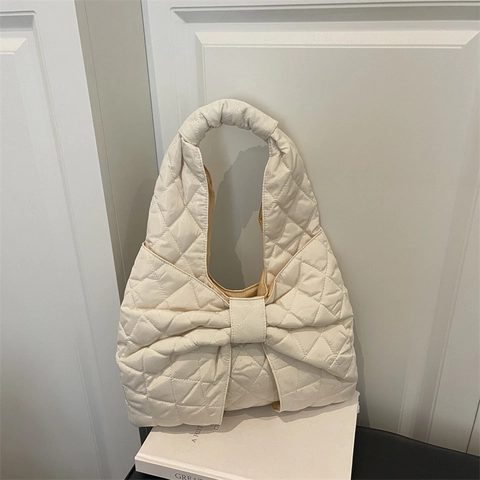 Women Quilted Shoulder Bag Nylon Diamond Pattern Decorative Bow Fashion Puffer Tote Chic Casual Handbag