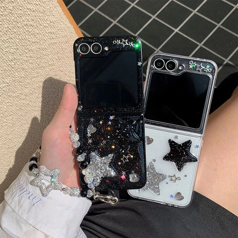 Glitter Star Foldable Phone Case With Beaded Lanyard Starry Sequins Protective Cover Transparent TPU PC Shell