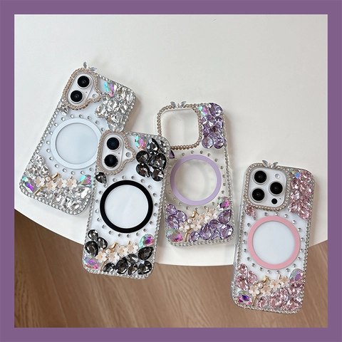 Luxury Rhinestone Flower Magnetic Phone Case Compatible With Smartphone 3D Butterfly Crystal Artificial Pearl Decor Fashion Women
