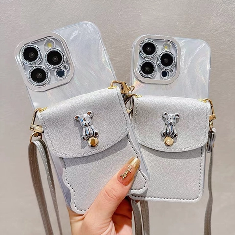 Custodia Per Telefono A Tracolla Con Portafoglio In Pelle Porta Carte Tracolla Regolabile Decorazione Orso In Metallo Rilievo Cover