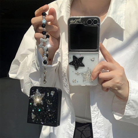 Glitter Star Foldable Phone Case With Beaded Lanyard Starry Sequins Protective Cover Transparent TPU PC Shell