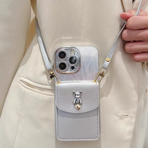 Custodia Per Telefono A Tracolla Con Portafoglio In Pelle Porta Carte Tracolla Regolabile Decorazione Orso In Metallo Rilievo Cover