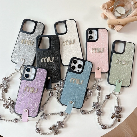 Funda Para Teléfono Cuero Sintético Arrugado Decoración Letras Diamantes De Imitación Cadena Estrella Lazo