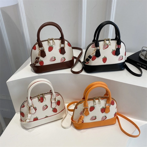 Women Sweet Strawberry Print Shell Handbag PU Leather Contrast Color Shoulder Crossbody Bag Mini Top Handle Satchel For Daily Outing
