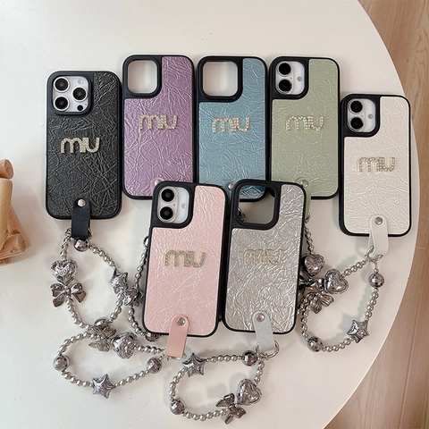 Funda Para Teléfono Cuero Sintético Arrugado Decoración Letras Diamantes De Imitación Cadena Estrella Lazo