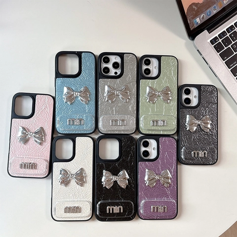 Funda Para iPhone Cuero Plisado Lazo Metal Plateado Soporte Espejo Plegable Carcasa Rígida Protección Lujo Elegante