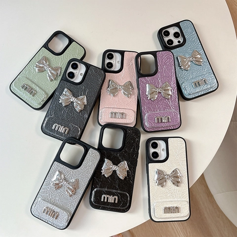 Funda Para iPhone Cuero Plisado Lazo Metal Plateado Soporte Espejo Plegable Carcasa Rígida Protección Lujo Elegante