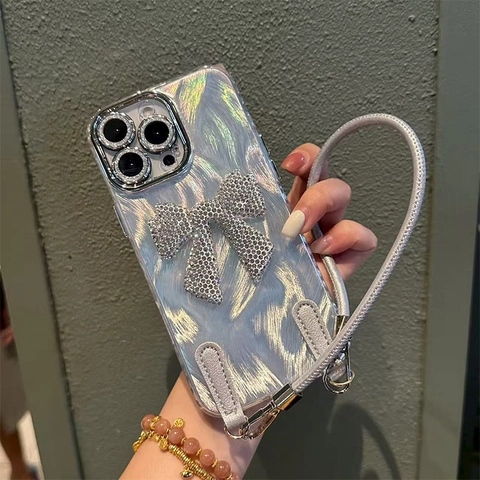 Silver Rhinestone Bow Smartphone Case Acrylic Full Coverage Anti Drop With Detachable Crossbody Lanyard For Women