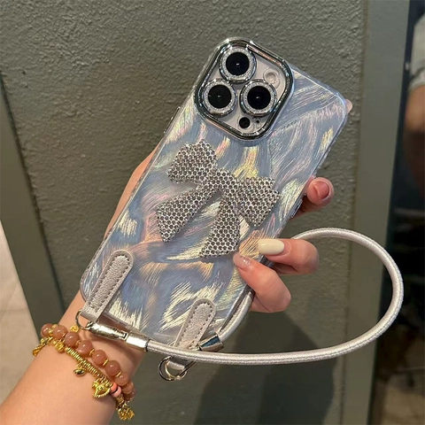 Silver Rhinestone Bow Smartphone Case Acrylic Full Coverage Anti Drop With Detachable Crossbody Lanyard For Women