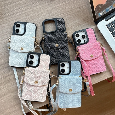 Funda Móvil Bandolera Piel Serpiente Cuero PU Tarjetero Correa Desmontable Protectora