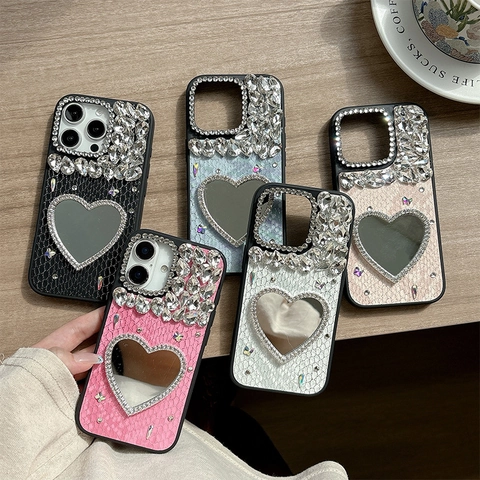 Funda De Teléfono Con Espejo De Corazón Y Diamantes De Imitación Para IPhone 17 16 15 14 Pro Max Cuero Textura Serpiente