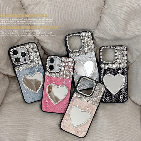 Funda De Teléfono Con Espejo De Corazón Y Diamantes De Imitación Para IPhone 17 16 15 14 Pro Max Cuero Textura Serpiente