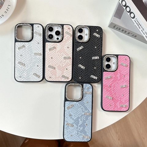 Phone Case Faux Snake Skin Leather Rhinestone Protective Cover For iPhone Luxury Trendy Shiny Sparkle Fashion For Women