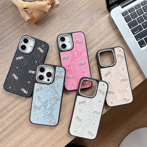 Phone Case Faux Snake Skin Leather Rhinestone Protective Cover For iPhone Luxury Trendy Shiny Sparkle Fashion For Women