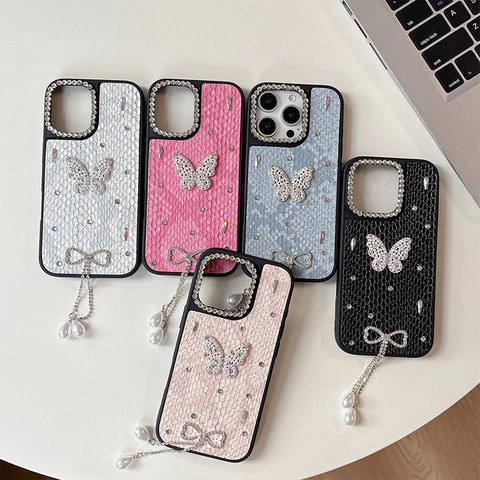 Luxury Rhinestone Butterfly Phone Case For iPhone Crocodile Texture PU Leather With Artificial Pearl Bowknot Pendant Elegant Cover