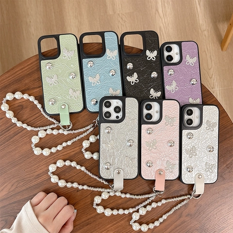 Butterfly Wrinkled PU Leather Phone Case With Faux Artificial Pearl Rhinestone Wrist Strap Fashionable Protective Cover For Phone