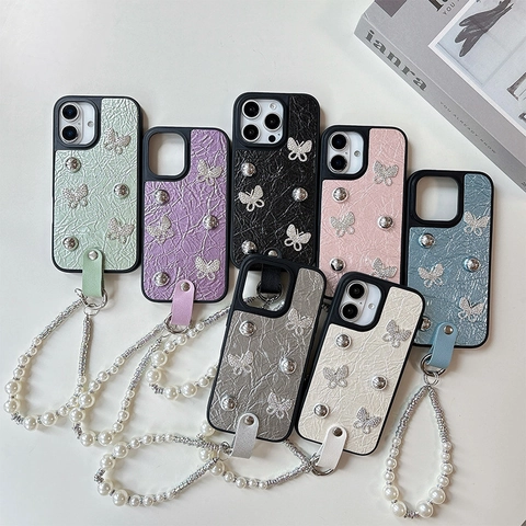 Butterfly Wrinkled PU Leather Phone Case With Faux Artificial Pearl Rhinestone Wrist Strap Fashionable Protective Cover For Phone