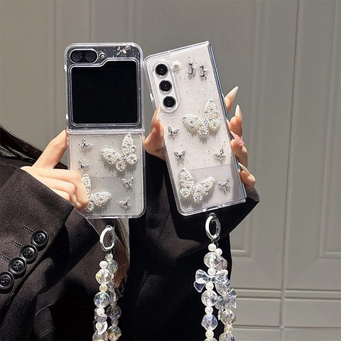 Butterfly Artificial Pearl Rhinestone Case For Foldable Phone Glitter Drip Glue Cover With Beaded Lanyard Floral Design For Women