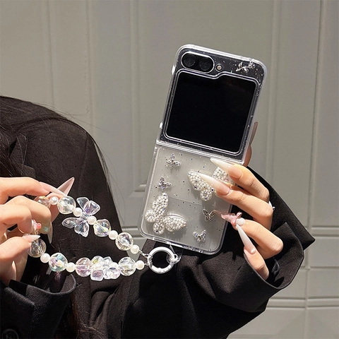 Butterfly Artificial Pearl Rhinestone Case For Foldable Phone Glitter Drip Glue Cover With Beaded Lanyard Floral Design For Women