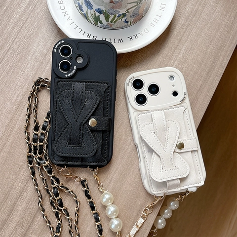 Custodia Telefono Con Porta Carte Pelle PU Catena Tracolla Cinturino Perla Artificial Braccialetto Cover Protettiva