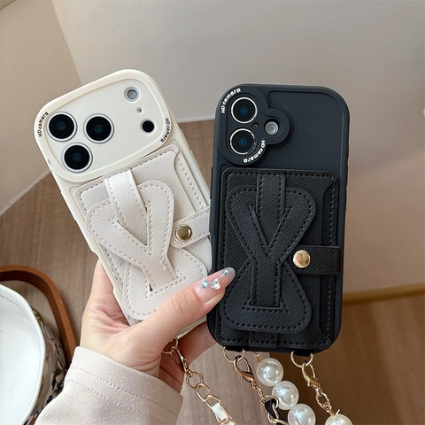 Custodia Telefono Con Porta Carte Pelle PU Catena Tracolla Cinturino Perla Artificial Braccialetto Cover Protettiva