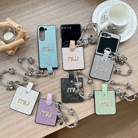 Foldable Phone Case Wrinkled Leather Rhinestone Letter Luxury Charm Lanyard Wrist Strap Anti Drop Protective Cover Women