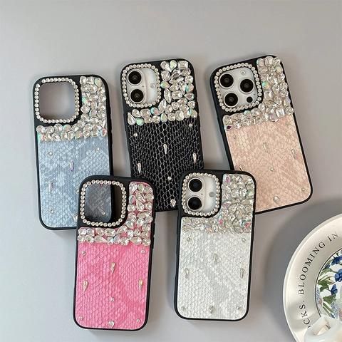 Luxe Strass Smartphone Hoesje Slangenleer PU Leer Textuur Hard Plastic Cover Voor Dames Glinsterende Edelsteen Schelp