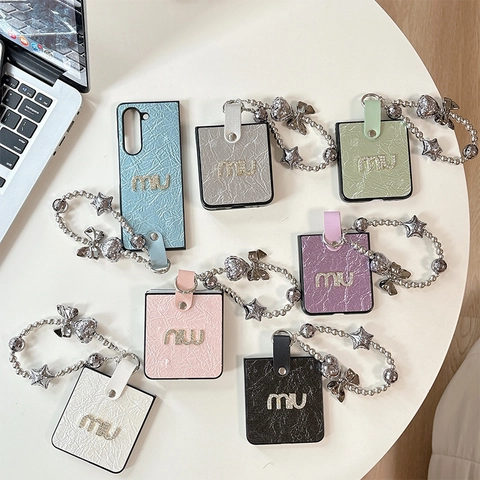 Foldable Phone Case Wrinkled Leather Rhinestone Letter Luxury Charm Lanyard Wrist Strap Anti Drop Protective Cover Women