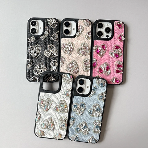 Funda De Lujo Para Teléfono Con Diamantes De Imitación En Corazón Textura De Serpiente Cuero Sintético Brillante