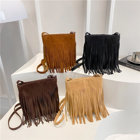 Women Tassel Crossbody Bag Frosted Suede Texture Fringe Shoulder Bag Bohemian Vintage Small Square Bag Adjustable Strap