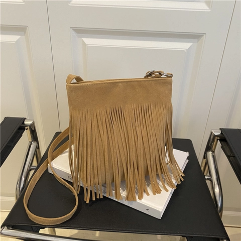 Women Tassel Crossbody Bag Frosted Suede Texture Fringe Shoulder Bag Bohemian Vintage Small Square Bag Adjustable Strap