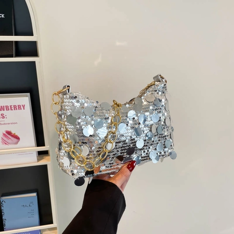 Pailletten Umhängetasche Damen Glitzernde Halbmond Unterarmtasche Goldene Metallkette Trendige Abendtasche Party Mode