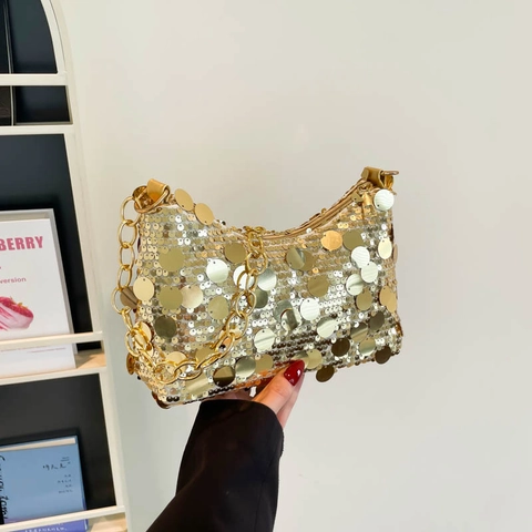 Women Fashion Sequin Underarm Bag With Thick Metal Chain Strap Luxurious Evening Party Shoulder Bag Crescent Purse