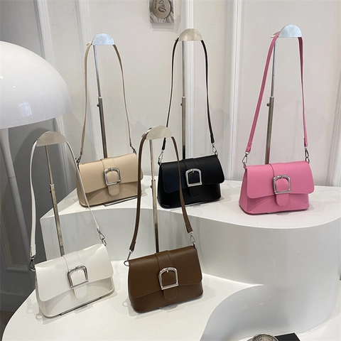 Borsa a Tracolla da Donna Minimalista in Pelle PU Piccola Borsa Quadrata Con Grande Fibbia Argentata Tinta Unita Elegante