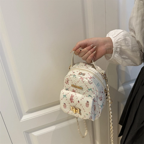 Mini Backpack Quilted PU Leather Cartoon Bear Rabbit Print Chain Strap Fashion Small Crossbody Bag For Women Girls