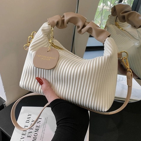 Sac Bandoulière Plissé Pour Femmes Sac À Main En Cuir PU Texturé Avec Poignée Froncée Bandoulière Amovible Vintage Tendance