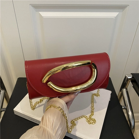 Schicke Schultertasche Aus Kunstleder Großer Goldener Metallgriff Kettengurt Abendtasche Umhängetasche Für Damen