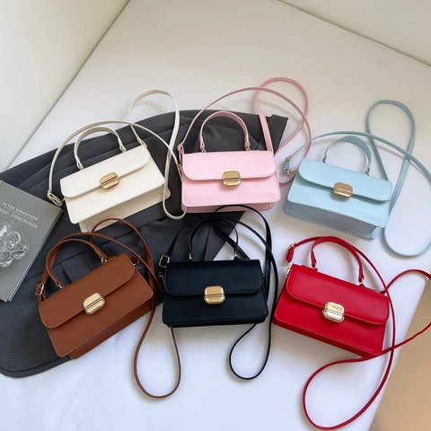 Simple Fashion Women PU Leather Crossbody Bag Small Square Handbag With Gold Lock Buckle Adjustable Shoulder Strap
