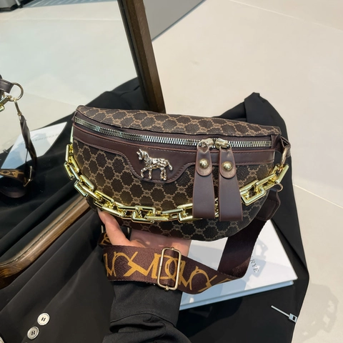 Retro Monogram Crossbody Bag Women PU Leather Chest Pack With Horse Logo And Gold Chain Wide Strap Korean Style