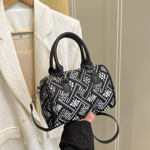 Borsa Boston Donna Ricamo Geometrico Jacquard Borsa Cilindrica Manico Tracolla Rimovibile Retro Elegante Uso Quotidiano