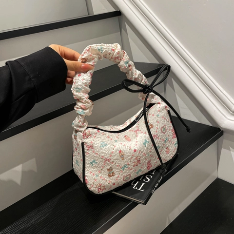 Women Cartoon Bear Print Underarm Bag Ruched Handle Sweet Bow Handbag PU Fabric Shoulder Bag Quilted Bubble Gauze