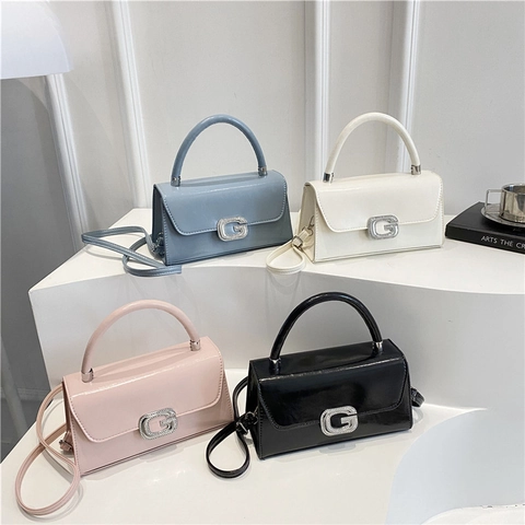 Bolso Bandolera de Cuero PU Brillante para Mujer Bolso de Mano Cuadrado de Moda Con Hebilla de Metal G de Strass Color Sólido