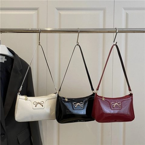 Bow Knot Patent Leather Underarm Bag Shiny PU Shoulder Baguette Bag Vintage Commute Solid Color Handbag For Women