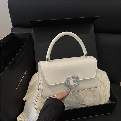 Mode Glänzendes PU Leder Quadratisch Handtasche Für Damen Strass G Metallschnalle Klappe Umhängetasche Mit Tragegriff Schultergurt
