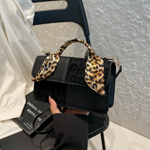 Borsa Tracolla Retro Per Donna Pelle PU Patchwork Stampa Leopardata Elegante Borsa A Mano Con Manico Sciarpa Raso Tracolla Regolabile