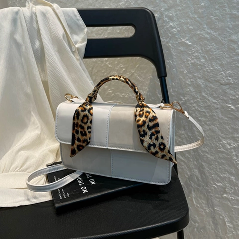 Dames Mode PU Leer Crossbody Tas Luipaardprint Satijnen Sjaal Handvat Vintage Vierkante Schoudertas Handtas Dagelijks
