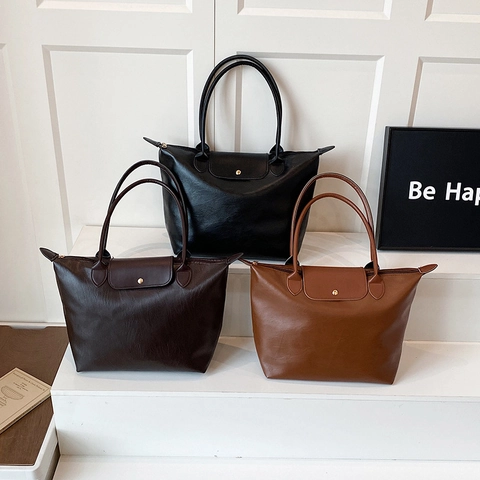 Bolso Tote Grande De Cuero PU Para Mujer Color Sólido Bolso De Hombro Para Viaje Con Solapa A Presión Y Cremallera