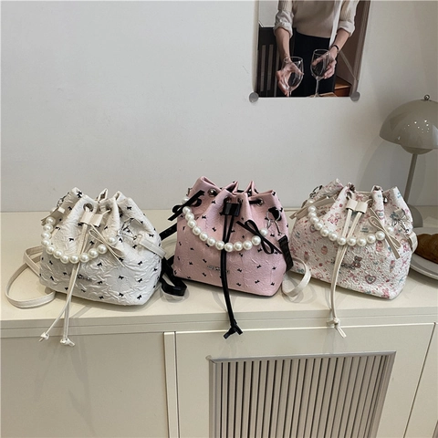 Women Artificial Pearl Handle Bucket Bag Drawstring Bow Print Synthetic Leather Small Crossbody Shoulder Purse Sweet Cute Trendy